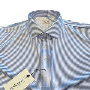 NWT Collars & Co Polo Shirt Sz M Dress Collar Performance Regent Blue Stripe